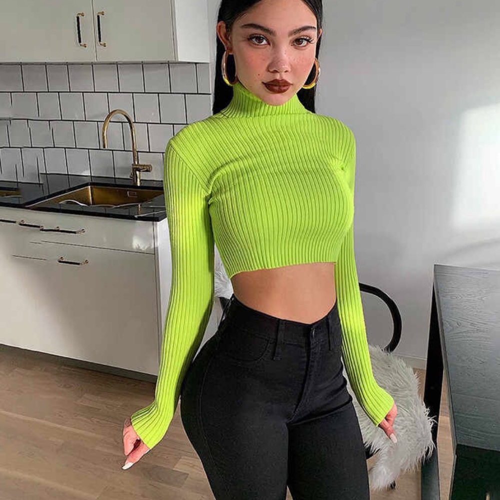 Neon Green Cropped Turtleneck Sweater